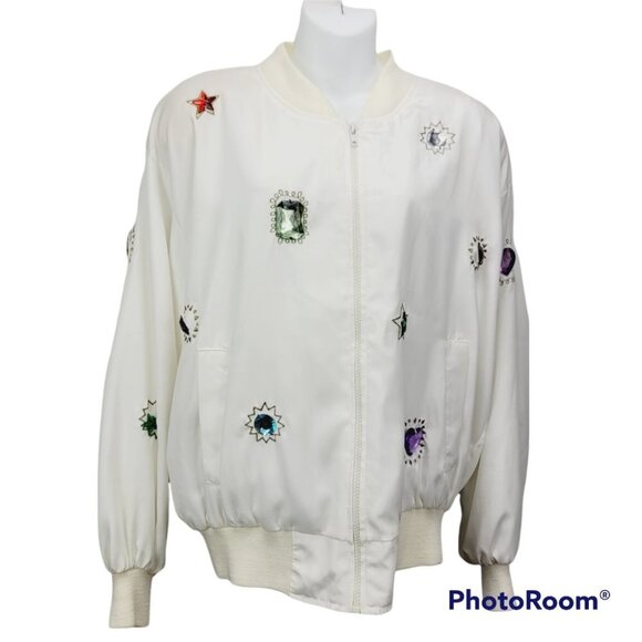 Minimalist Neutral White pearl embellished Embroidered Zip Up Jacket size M - Picture 7 of 15